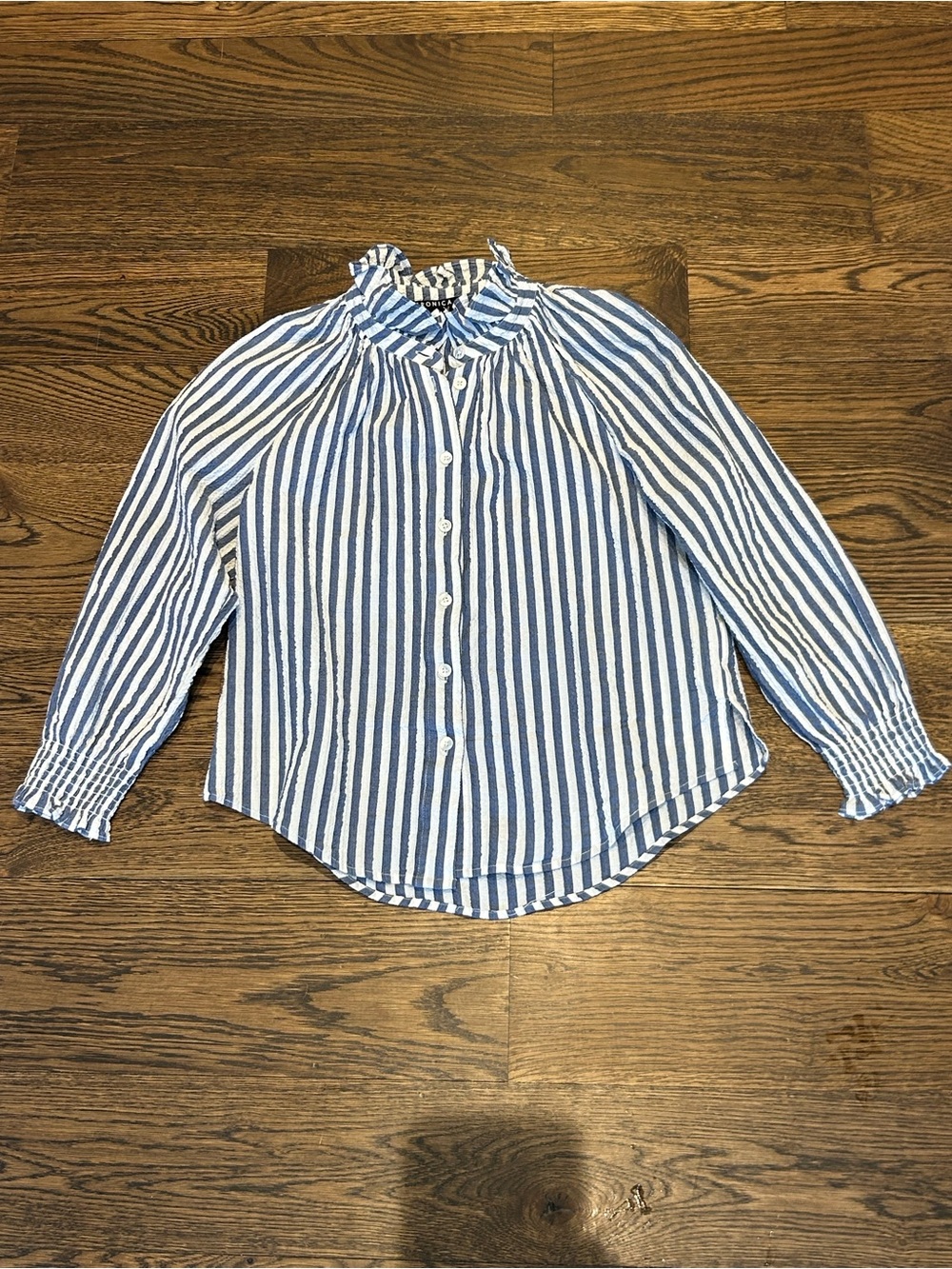 Veronica Beard Callista Blue and White Striped Ruffle Collar Button-Up Blouse - Picture 2 of 8